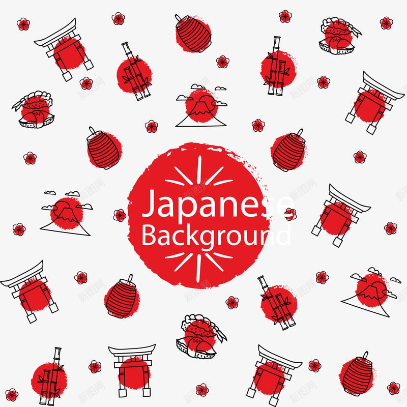 手绘日本元素与红色圆圈背景png免抠素材_新图网 https://ixintu.com 手绘 日本元素 红色圆圈