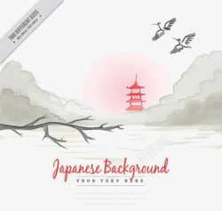 水彩画的日本背景景观和红寺矢量图素材