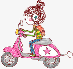 粉色动车卡通女孩戴着耳机骑电瓶车高清图片