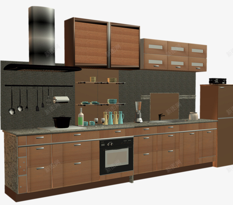 3D厨房场景png免抠素材_新图网 https://ixintu.com 3D建模 3D模型 厨房 厨房场景 棕色