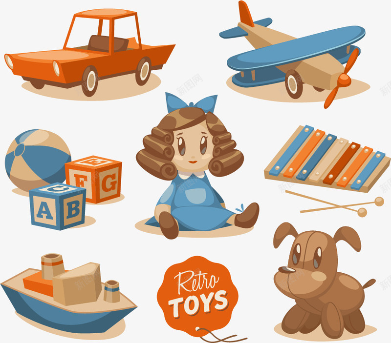 儿童玩具合集png免抠素材_新图网 https://ixintu.com toys 儿童 复古玩具 小汽车 布偶 玩偶 玩具