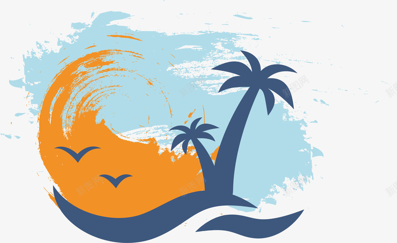 海滩椰树png免抠素材_新图网 https://ixintu.com 手绘 椰树 水彩 海水 海滩 海鸥 涂鸦 蓝色天空