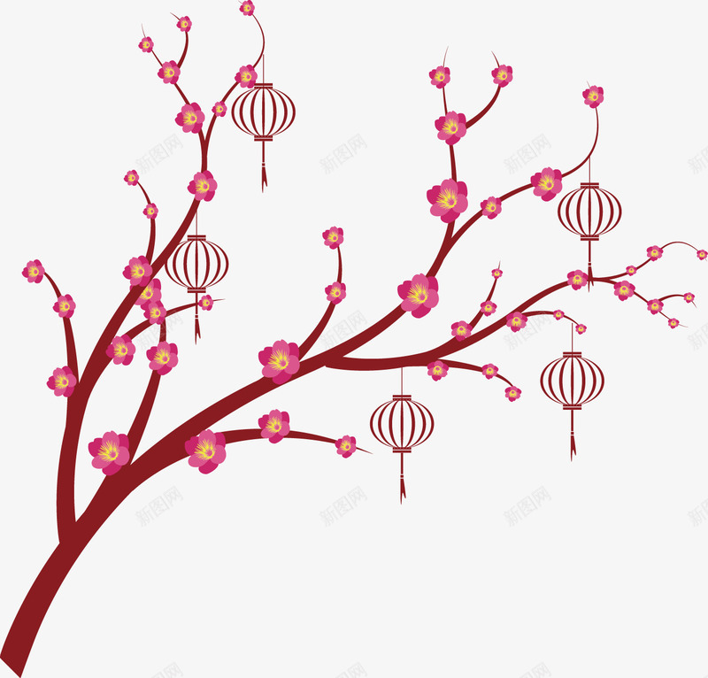 花枝与灯笼png免抠素材_新图网 https://ixintu.com 新年 树枝 灯笼 红色 花卉