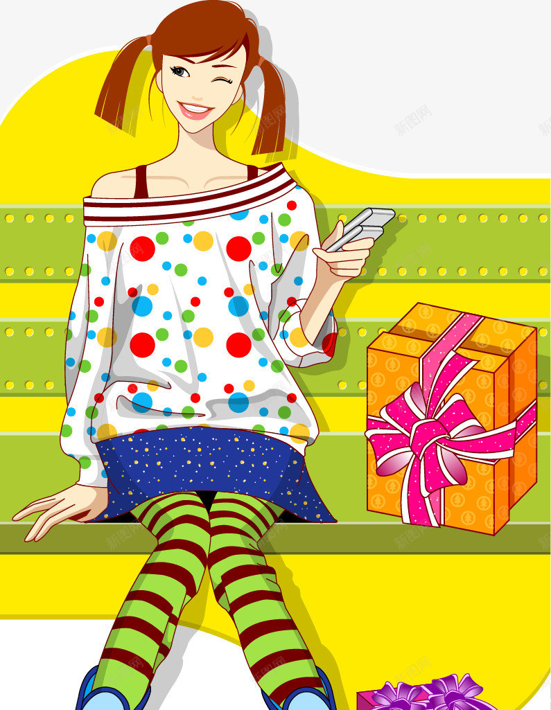 玩手机的美少女和礼盒png免抠素材_新图网 https://ixintu.com 坐着的女孩子 坐着的小朋友 手机 礼盒 美少女