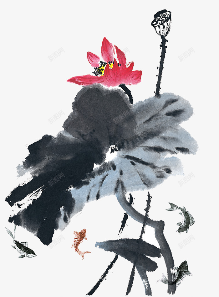 水墨画荷花psd免抠素材_新图网 https://ixintu.com 中国风 水墨 红色 荷花 黑色