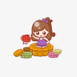 中秋节绿豆冰皮月饼卡通坐在月饼上提着灯笼女孩高清图片