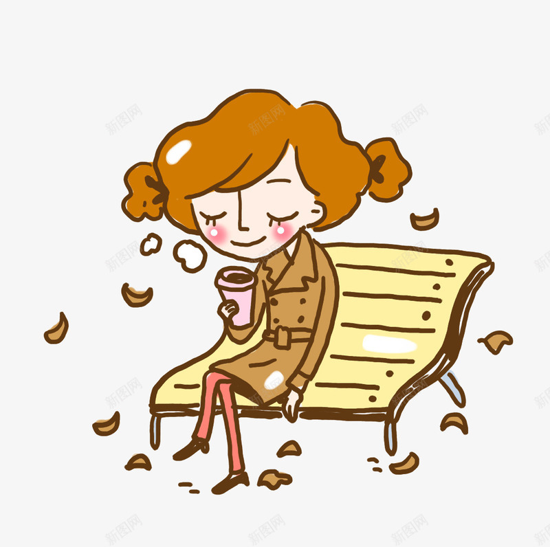 坐在长椅上喝咖啡的女孩png免抠素材_新图网 https://ixintu.com 卡通 女孩 落叶 长椅