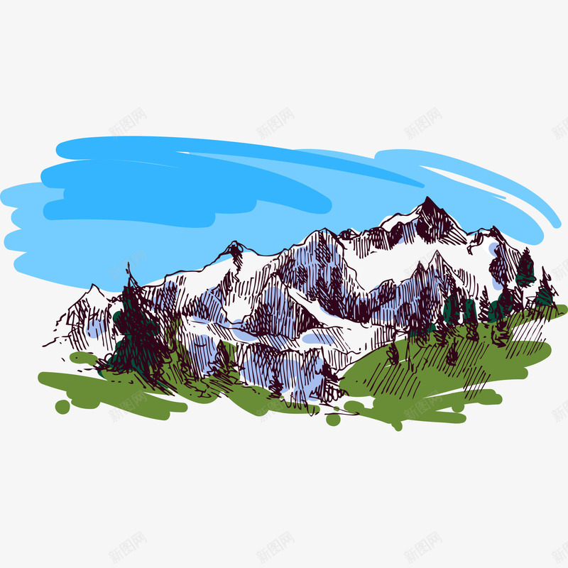 天空和雪山png免抠素材_新图网 https://ixintu.com 大山 天空 手绘 简图 绿色的 草地 蓝色的 雪山