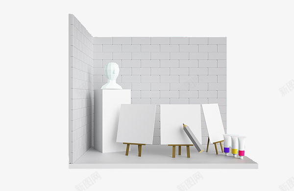 画室装修png免抠素材_新图网 https://ixintu.com 室内设计 房间模型 画具 画架 石膏像 装饰
