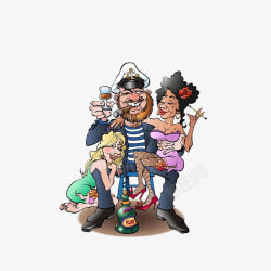 海盗船长卡通左拥右抱的尽情狂欢的海盗船高清图片
