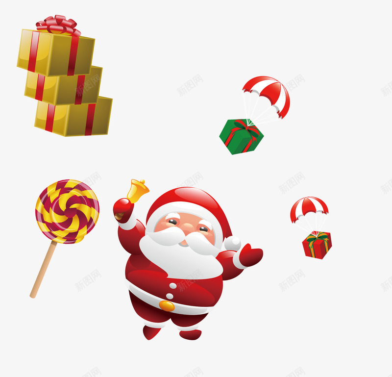 圣诞老人圣诞礼物psd免抠素材_新图网 https://ixintu.com 圣诞老人 棒棒糖 礼物 礼盒 降落伞