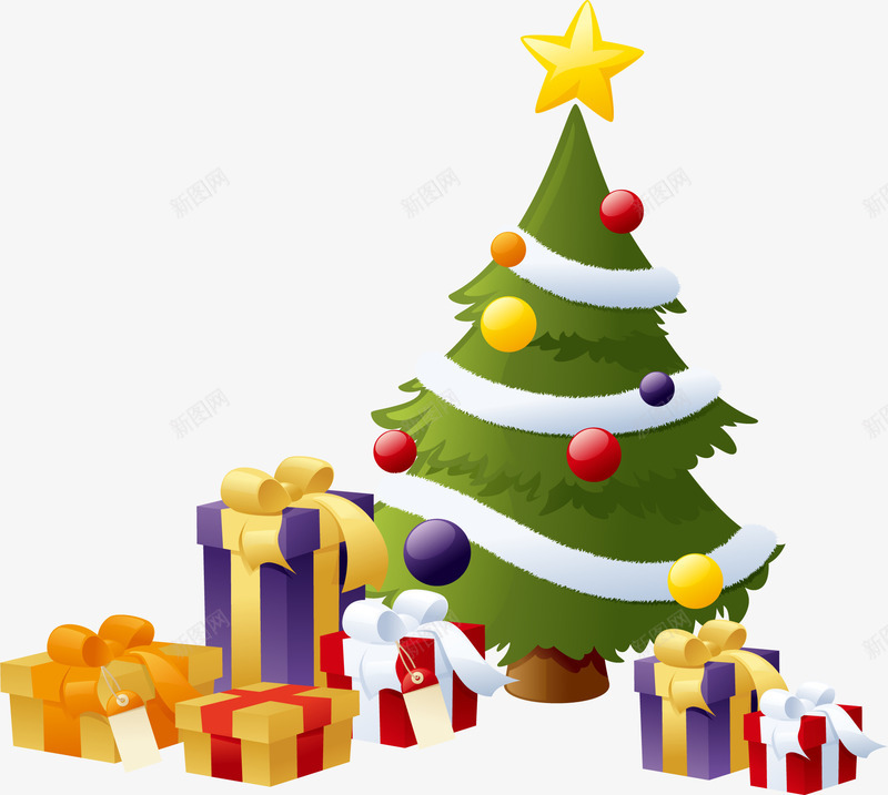 圣诞节绿色圣诞树png免抠素材_新图网 https://ixintu.com 吊球装饰 圣诞礼物 圣诞节 多彩礼盒 绿色圣诞树 黄色星星