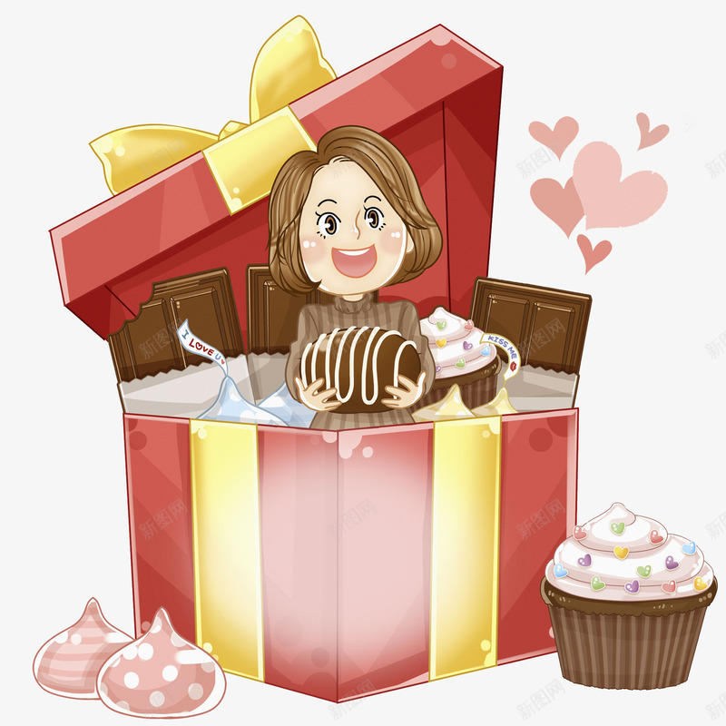 吃甜食的女孩png免抠素材_新图网 https://ixintu.com 卡通 惊喜的 爱心 甜食 礼物 礼盒 高兴地