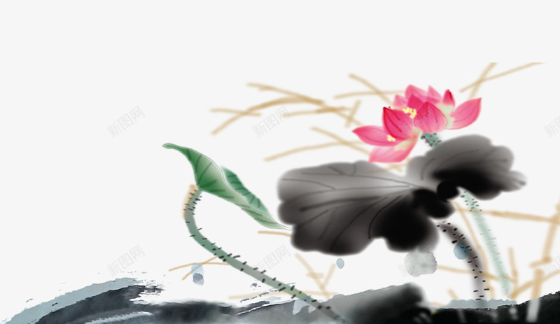 水墨荷花psd免抠素材_新图网 https://ixintu.com 底纹 水墨 荷花 黑