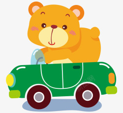 卡通手绘可爱小熊开绿色汽车素材