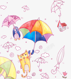 小猫雨伞创意卡通圆圈手绘雨伞小猫咪高清图片