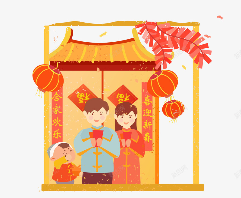 中国风拜新年图png免抠素材_新图网 https://ixintu.com 卡通 喜庆的 拜年 新年 红灯笼 贺新春 鞭炮