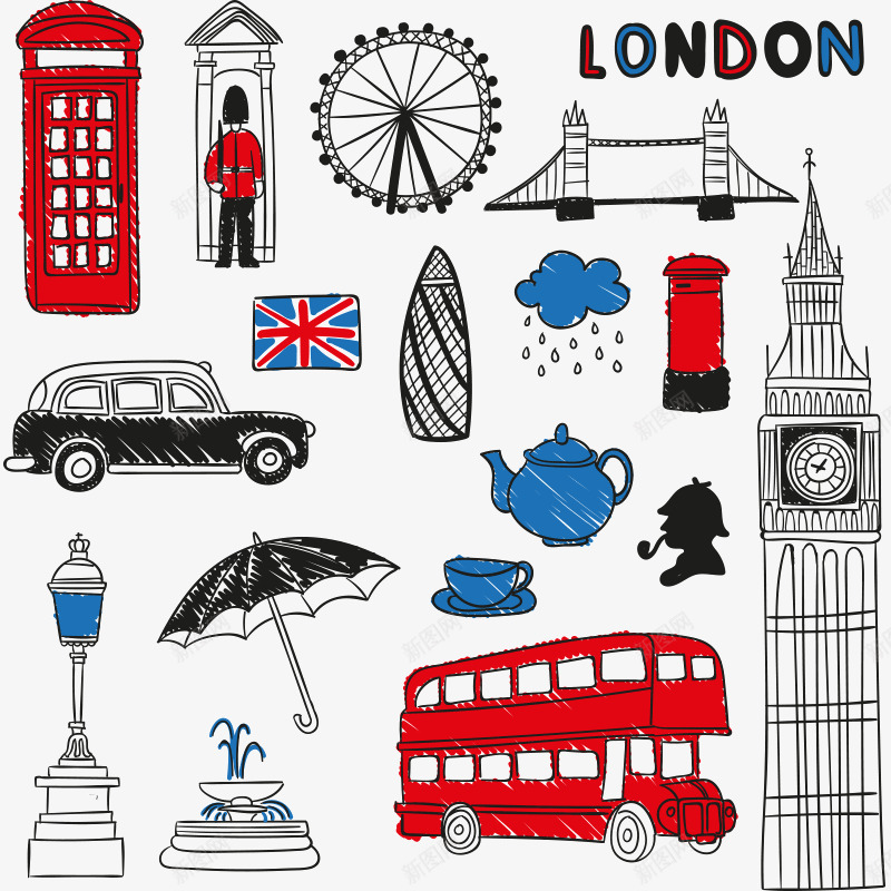 伦敦街头元素png免抠素材_新图网 https://ixintu.com 伦敦 建筑 手绘 摩天轮 汽车 街头 雨伞