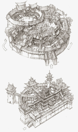 中国风建筑模型线稿素材