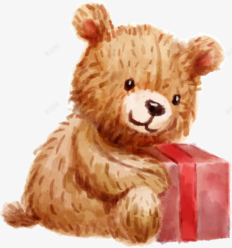 手绘抱着礼盒的黄色小熊png免抠素材_新图网 https://ixintu.com 可爱小熊 手绘小熊 抱着礼盒 水彩 红色礼盒 黄色小熊