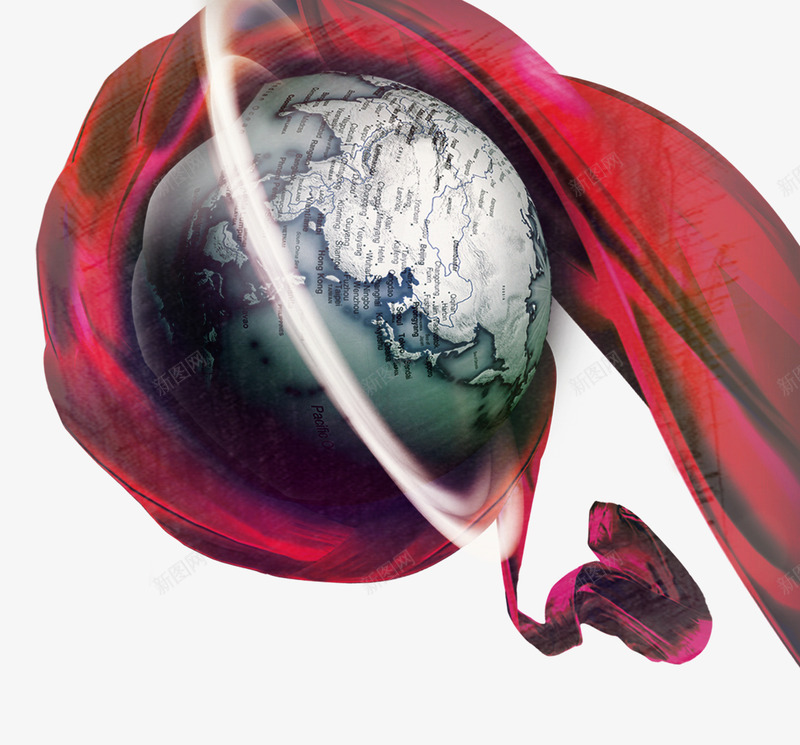 创意被丝绸缠着的地球png免抠素材_新图网 https://ixintu.com 丝绸 地带 地球 星球 星球轨道 月球 气球 红色丝带 红色丝绸 运转的地球