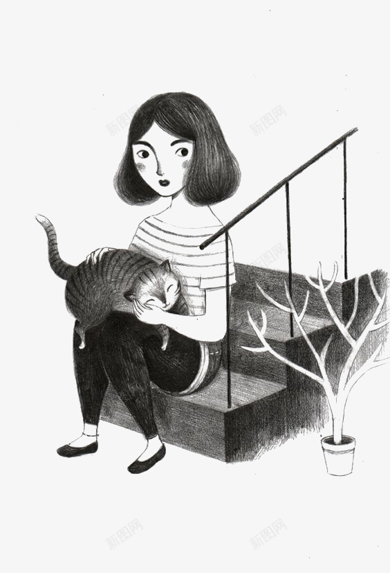 手绘抱着猫的女孩png免抠素材_新图网 https://ixintu.com 卡通 台阶 少女 手绘 楼梯 水彩 猫 黑白