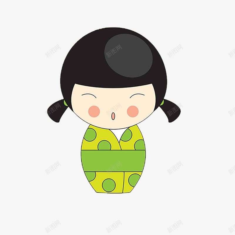卡通娃娃插图png免抠素材_新图网 https://ixintu.com 和服少女 和服花纹 小女孩 日本 日本小人 民族 玩偶 眯眯眼 眯眼笑 绿色衣服 羊角辫