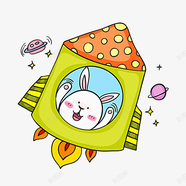 飞向天空的兔子png免抠素材_新图网 https://ixintu.com 卡通 可爱的 小兔子 星球 火箭 绿色的 飞行的