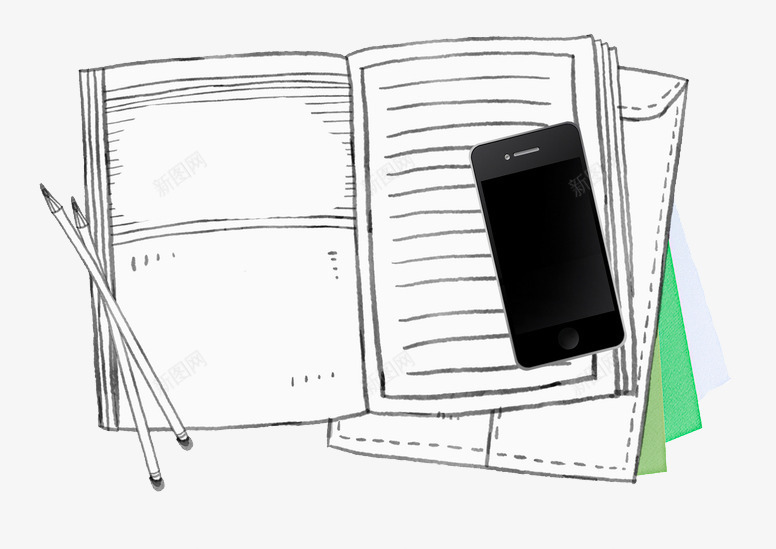 黑白手绘线稿书籍铅笔现代手机png免抠素材_新图网 https://ixintu.com 手绘的铅笔 现代的手机 线稿的书籍 黑白的书籍