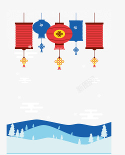 红蓝色中国风灯笼矢量图素材