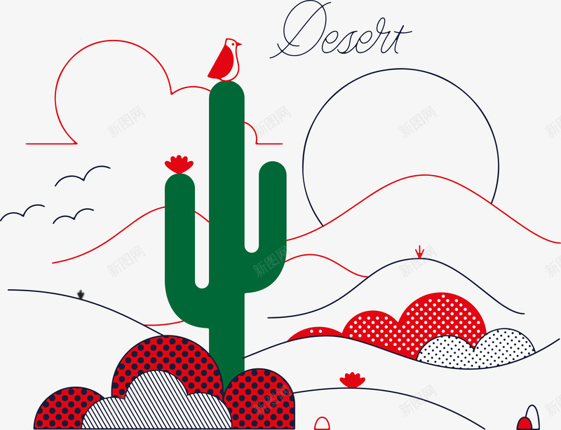 沙漠简笔画png免抠素材_新图网 https://ixintu.com 仙人掌 卡通 沙漠天空 红色 绿色