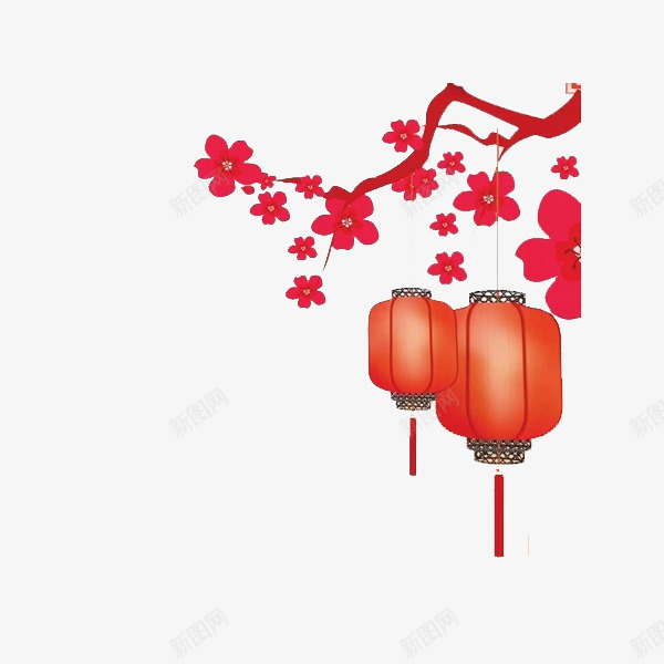 中国风红色灯笼图png免抠素材_新图网 https://ixintu.com 中国风 创意 树枝 梅花 水彩 灯笼 红色 花朵