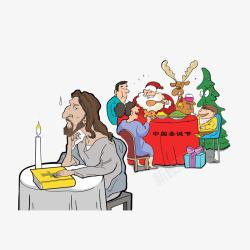 卡通狂欢的中国圣诞节和独坐一旁素材