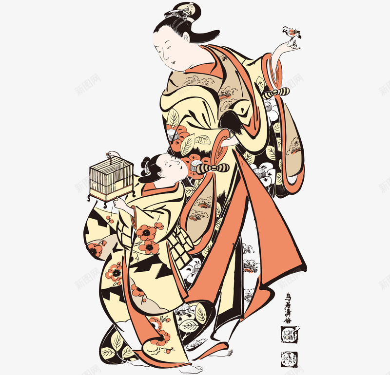 卡通手绘玩鸟的日本母子矢量图ai免抠素材_新图网 https://ixintu.com 卡通的日本人 妈妈和儿子手绘 手绘的日本母子 玩鸟的日本母子 矢量图 矢量的日本人物