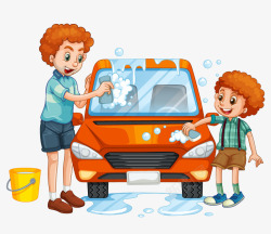 橘色汽车洗车的父子高清图片