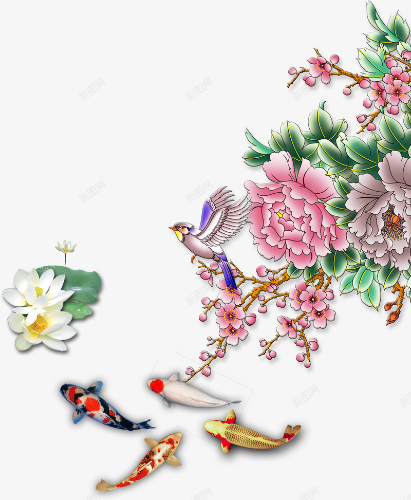 花朵png免抠素材_新图网 https://ixintu.com 小鸟 手绘 花朵 荷花 鱼
