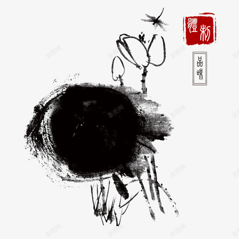 中国风水墨画蜻蜓荷花psd免抠素材_新图网 https://ixintu.com 中国风 传统绘画 印章 水墨画 荷花 蜻蜓