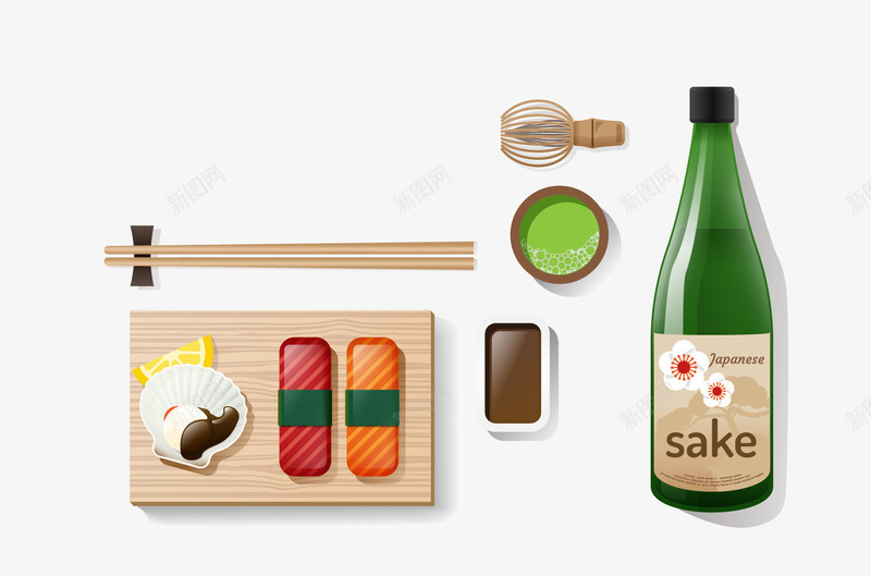 日本食物矢量图eps免抠素材_新图网 https://ixintu.com sake 寿司 日本食物 筷子 酒瓶子 矢量图