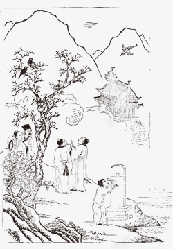 手绘黑白版画古代人郊游素材