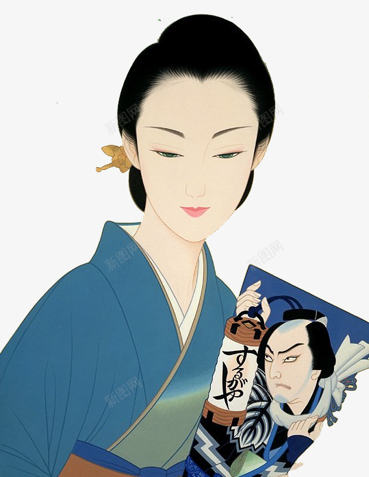 读书女人png免抠素材_新图网 https://ixintu.com 发簪 和服 手绘女人 日本 杂志 蓝衣