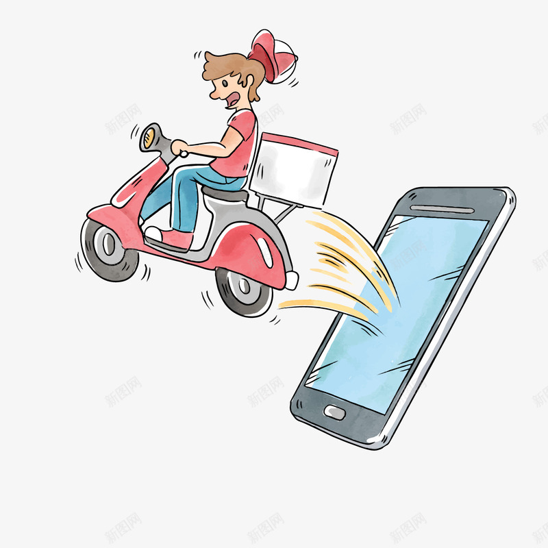 彩绘跳出手机的快递员png免抠素材_新图网 https://ixintu.com 创意 卡通人物 快递员 手机模型 摩托车