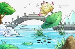 池塘装饰手绘装饰夏季荷花池塘插画高清图片