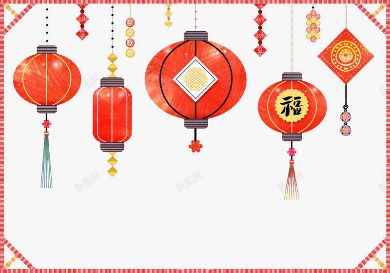 手绘中国风灯笼装饰图png免抠素材_新图网 https://ixintu.com 中国风 创意的 卡通 插图 灯笼 红色的 边框
