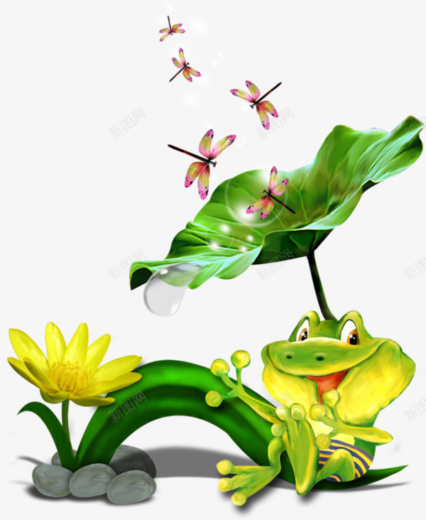 荷叶下的青蛙png免抠素材_新图网 https://ixintu.com PNG图形 光晕 卡通 花朵 荷叶 荷花 蜻蜓 装饰 青蛙