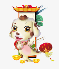 中国门卡通打着灯笼的小狗图高清图片