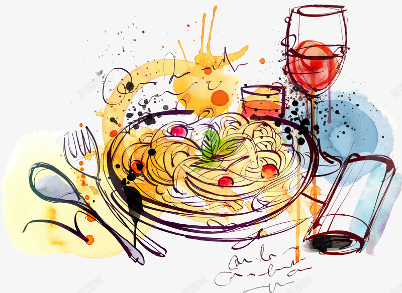 水彩抽象西餐食物和餐具png免抠素材_新图网 https://ixintu.com 装饰 西餐 餐具
