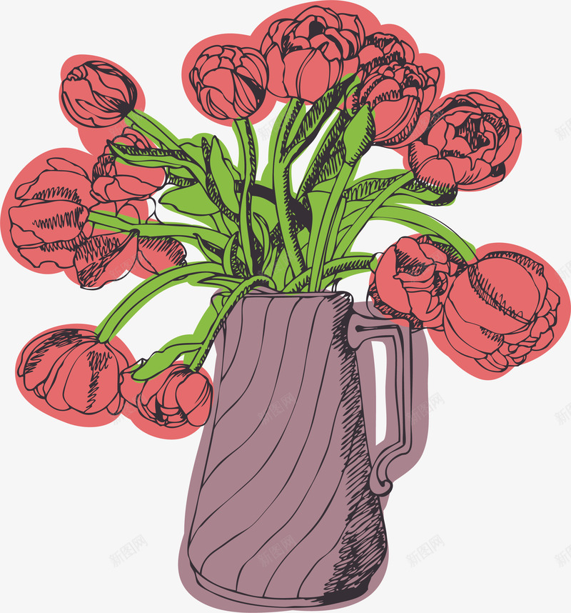 粉红玫瑰插花png免抠素材_新图网 https://ixintu.com 手绘玫瑰 手绘风 玫瑰花 玫瑰花束 矢量png 粉色玫瑰