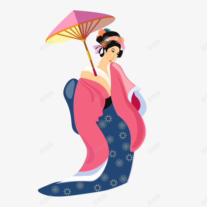 拿着伞的日本艺伎矢量图ai免抠素材_新图网 https://ixintu.com 拿着伞 日本艺伎 红色衣服 矢量图