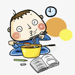 宝宝吃饭水彩插画吃面条的男孩高清图片