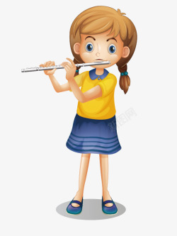 手绘卡通吹笛子的小女孩素材